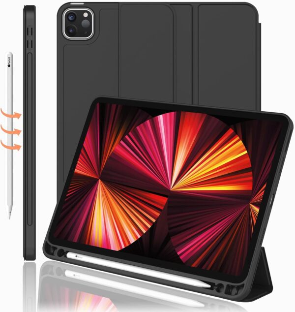iPad Pro 11 Inch Case (4th Gen, 2022, M2) with Pencil Holder, Trifold Stand Smart Case with Soft TPU Back, Auto Wake/Sleep (Black)