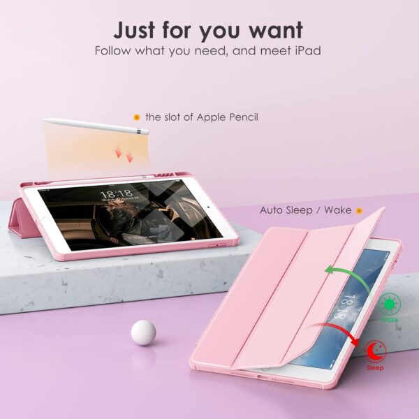 Case for iPad 9th / 8th / 7th Generation 10.2 inch (2021/2020/2019 Released), Clear Back, TPU Shockproof Frame Cover[Built-in Pencil Holder - PINK