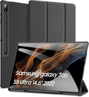 Samsung Galaxy Tab S8 Ultra Black Case – Tri‑Fold Stand Cover with  Pen Holder