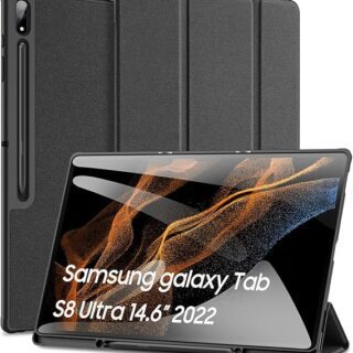Samsung Galaxy Tab S8 Ultra Black Case – Tri‑Fold Stand Cover with Pen Holder