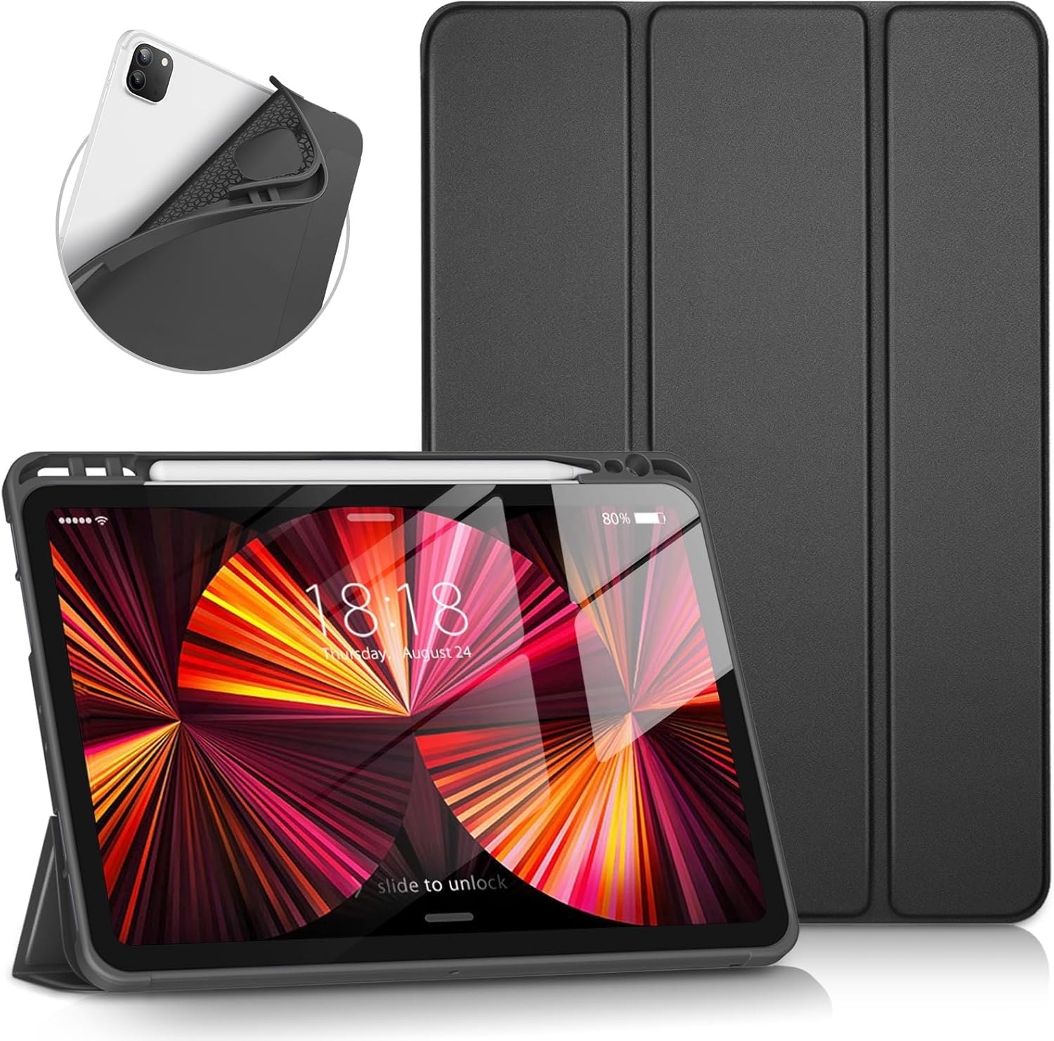 for iPad Pro 11 inch Case, Soft Smart Cover with Pencil Holder for iPad Pro 11-inch 4th/3rd/2nd/1st Generation (2022/2021/2020/2018 Released),Auto...BLACK