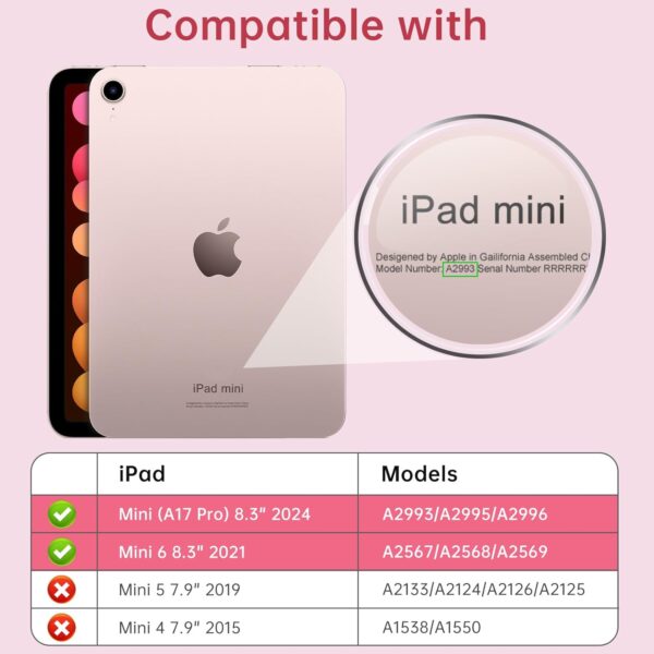 Case For iPad mini 7 A17 Pro Case 2024, iPad mini 6th Generation Case 8.3 Inch 2021 with Pencil Holder, Slim Light Trifold Smart Protective Cover with Hard...PINK