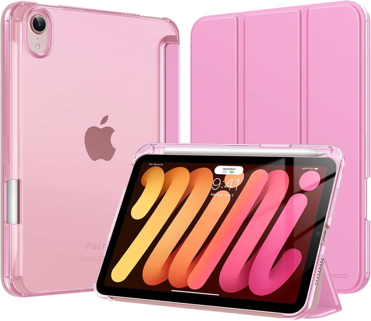 Case For iPad mini 7 A17 Pro Case 2024, iPad mini 6th Generation Case 8.3 Inch 2021 with Pencil Holder, Slim Light Trifold Smart Protective Cover with Hard...PINK