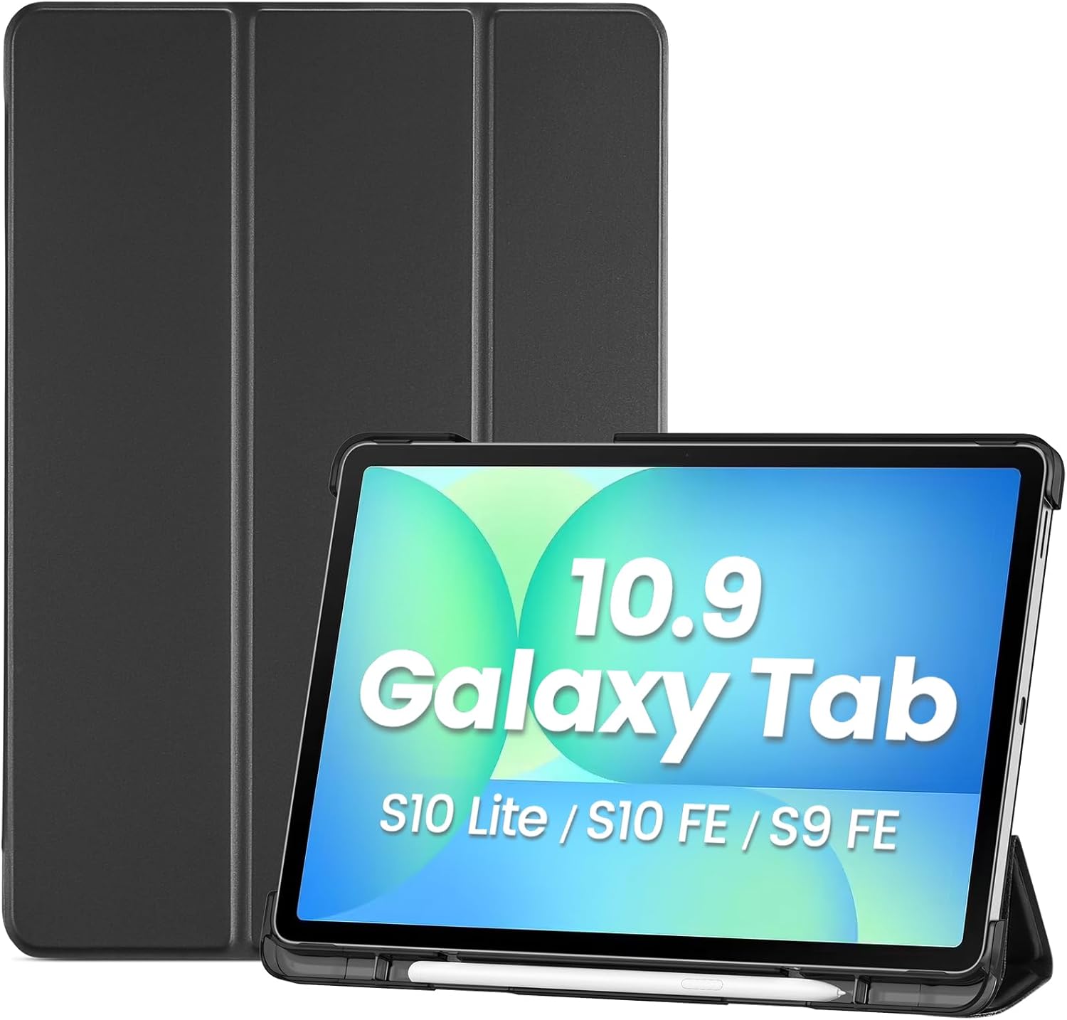 Samsung Galaxy Tab S9 FE Black Case – Tri-Fold Stand Cover with Auto Wake/Sleep & Pen Holder