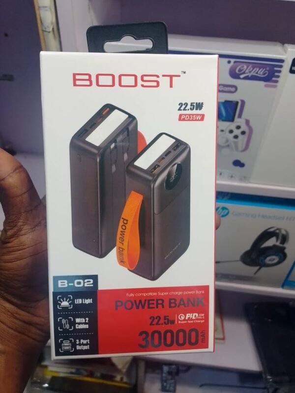 BOOST 30000mAh High Capacity Power Bank 225W Ultra Fast Charging Portable Charger with Type C USB Outputs BOOST 30000mAh High Capacity Power Bank 225W Ultra Fast Charging Portable Charger with Type C USB Outputs